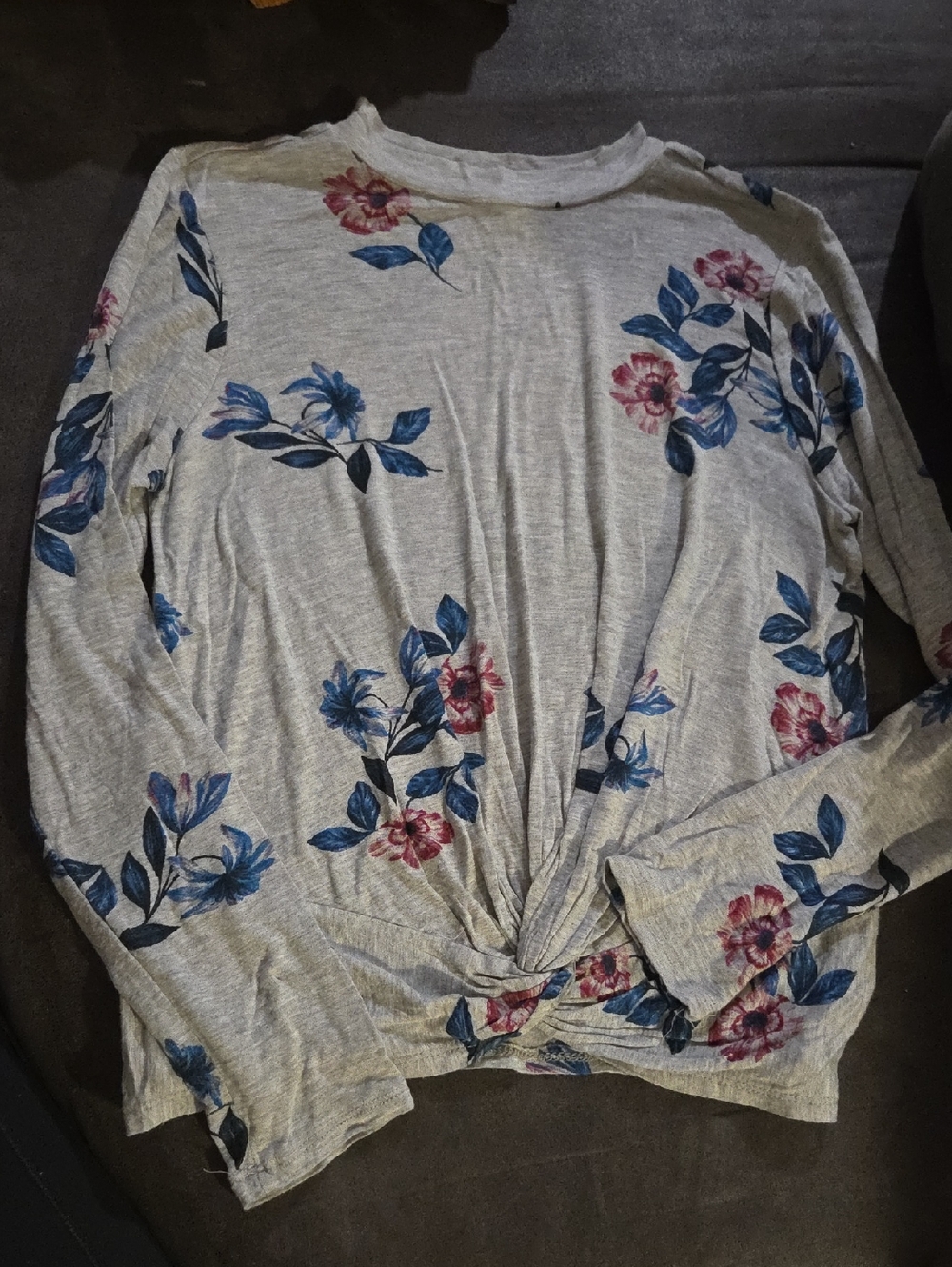 Pink Republic Gray Floral Long-Sleeve Knot Front Top with Blue & Pink Flowers